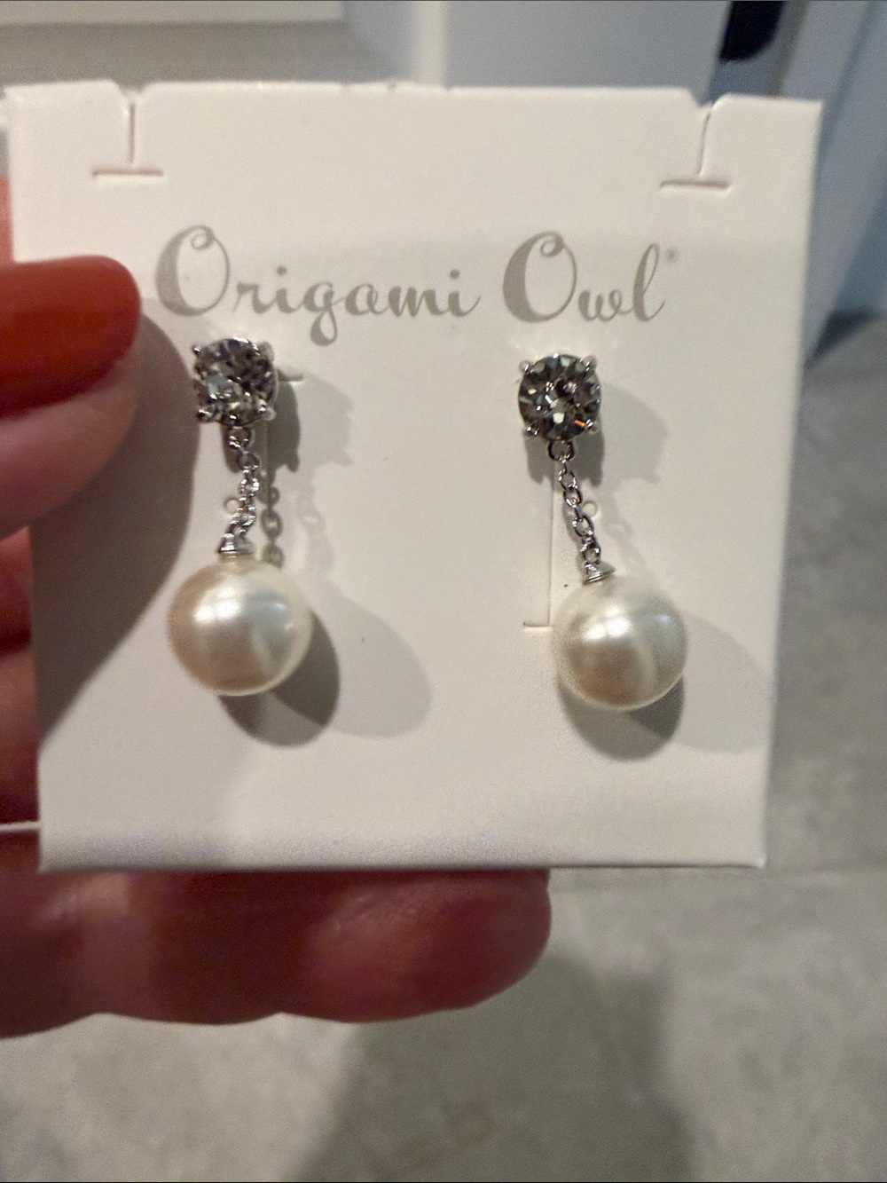 Origami Owl Pearl Drop Earrings with Silver Crystals